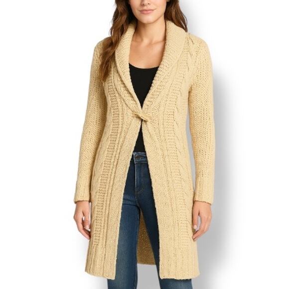 Bebe Beige Chunky Knit Longline Cardigan Sweater Shawl Collar Toggle Closure - Picture 1 of 11